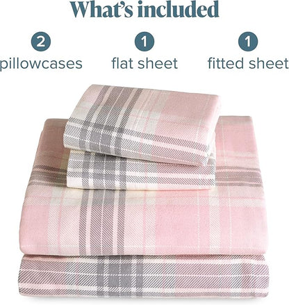 Bare Home Flannel Sheet Set Prints, 100% Cotton, Velvety Soft Heavyweight - Double Brushed Flannel - Deep Pocket (Queen, Aurora Plaid - Pink)