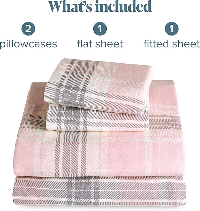 Bare Home Flannel Sheet Set Prints, 100% Cotton, Velvety Soft Heavyweight - Double Brushed Flannel - Deep Pocket (Cal King, Aurora Plaid - Pink)