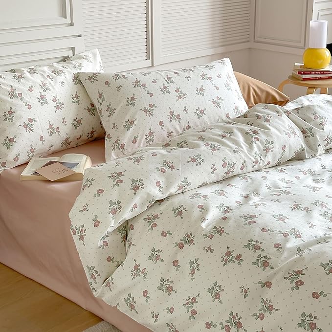 AOJIM Pure Cotton Duvet Cover Set with Exquisite Red Floral Pattern, Super Soft Comforter Cover Set 3pcs, 1 Comfy Durable Quilt Cover Full Size and 2 Matching Pillowcases for Room Decor, No Comforter