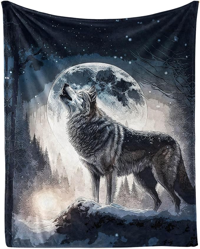 Howling Wolf Blanket for Women Men, Cool Wolf Themed Design Printed Throw Blankets for Teens Adults Lap, Couch Bed, Warm Soft Cozy Blanket, 60"x 80"
