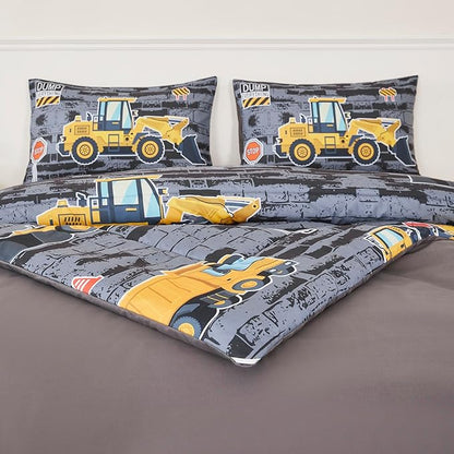 RYNGHIPY Construction Truck Bedding Set Excavator Tractor Bed Set for Boys Bedroom Kids Comforter Sets with 1 Comforter 2 Pillowcases (Black-Grey,Twin)