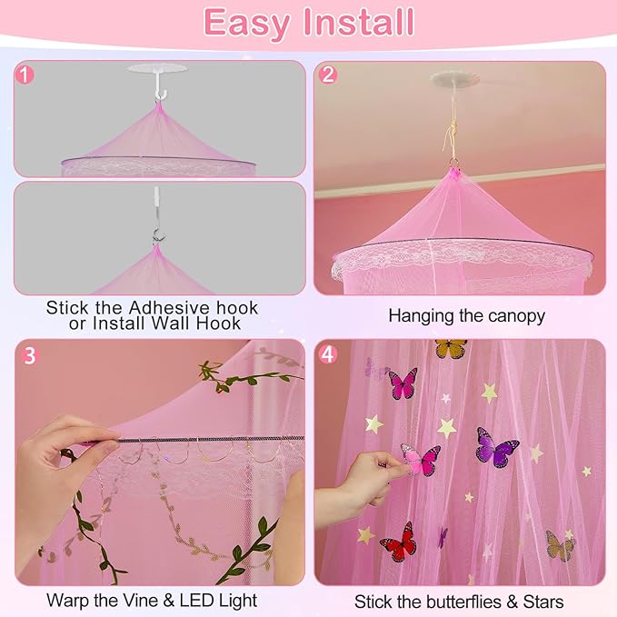 FIOBEE Bed Canopy for Girls Room Bed Canopy Curtains with Led Lights Mosquito Net DIY Princess Room Décor with Stars Butterflies for Kids Bedroom, Hot Pink