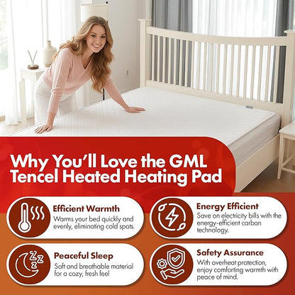 GML Premium Tencel Triple-Layer Heated Mattress Pad, Machine Washable, 15-Hour Auto Shut-Off, 5 Heat Settings, Timer, Smart Controller, Electric Mattress Pad & Bed Warmer - Twin Size, 71x35