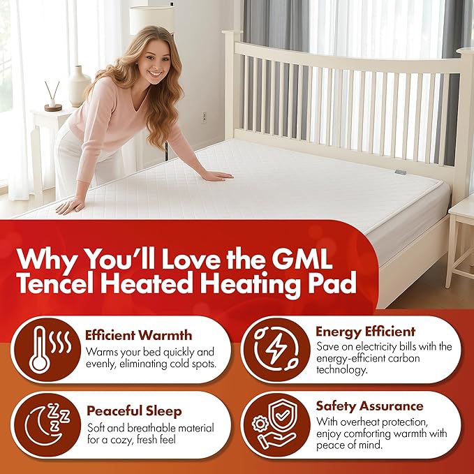 GML Premium Tencel Triple-Layer Heated Mattress Pad, Machine Washable, 15-Hour Auto Shut-Off, 5 Heat Settings, Timer, Smart Controller, Electric Mattress Pad & Bed Warmer - Queen Size, 71x55