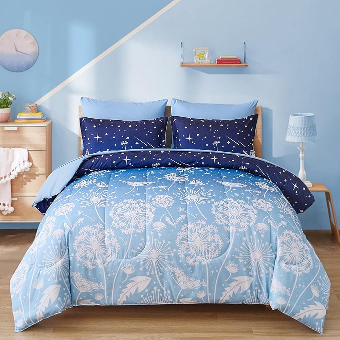 Menghomeus Queen Size Comforter Set for Boys Girls 7 Pieces Bed in A Bag Ombre Blue Rainbow Bedding Set Dandelion Butterfly Print Kids Teen Bedding Collections