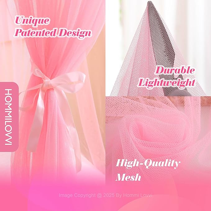 Pink Bed Canopy for Girls with Stars Lights, Princess Canopy Bed Curtains for Twin, Full, Queen Size Bed Hanging Canopy for Girls Room Decor, Kids Sheer Canopy Curtain