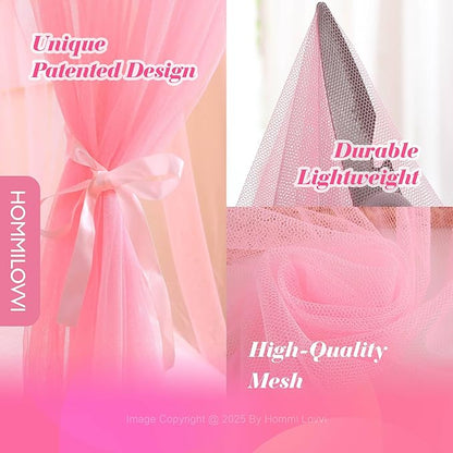 Pink Bed Canopy for Girls with Stars Lights, Princess Canopy Bed Curtains for Twin, Full, Queen Size Bed Hanging Canopy for Girls Room Decor, Kids Sheer Canopy Curtain