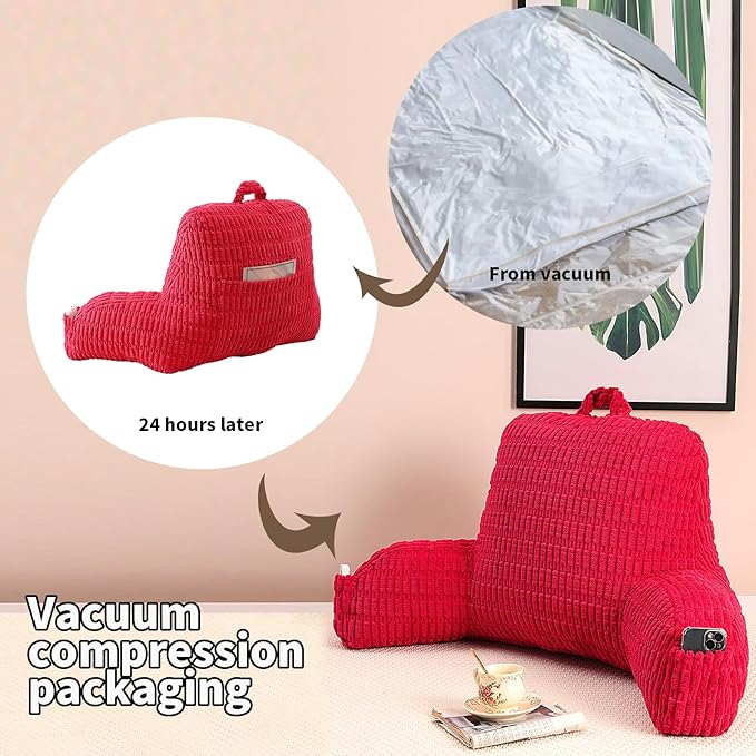Reading Pillow for Sitting in Bed, Large Backrest Reading Pillow with Arm Rest,Back-Rest Support Cushion for Sit Up on Couch, Sofa, and Floor, Dorm Essentials (Red Corduroy, Large(19"))