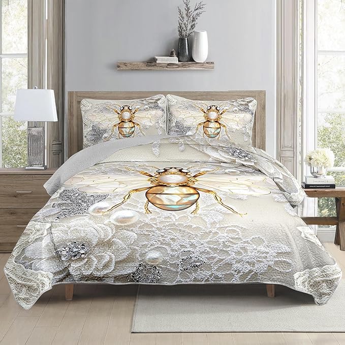 AILONEN Honey Bee Queen Size Quilt Set,Beautiful Gold Diamond Bee Bedspread Coverlet + 2 Pillowcases,3Pcs Animal Themed Flower Pearl Printed White Bed Cover for Girls