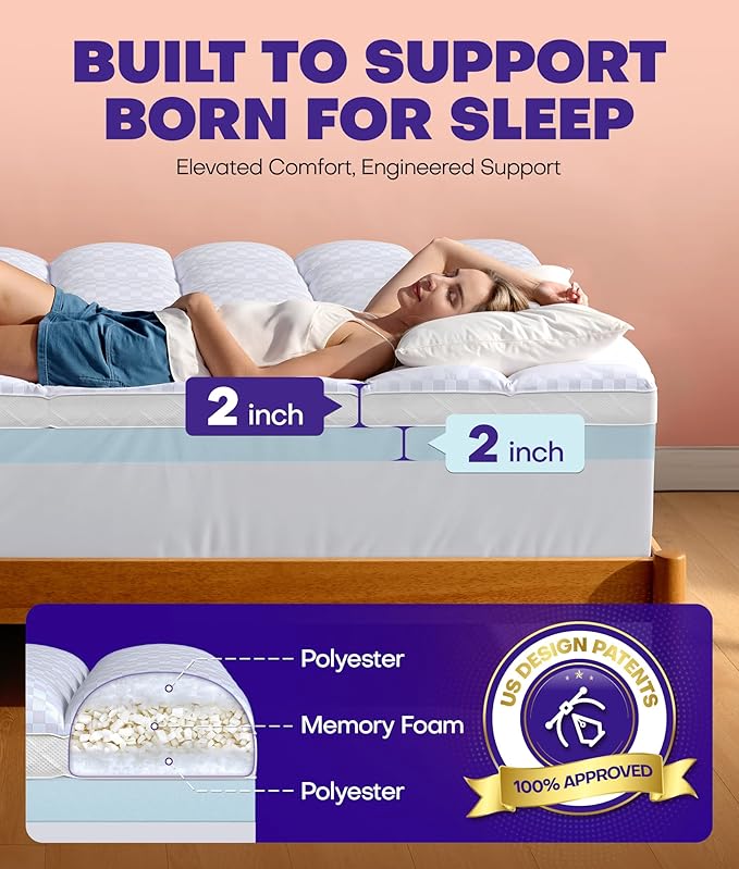 Dual Layer 4 Inch Memory Foam Mattress Topper for Pressure Relief with 4X Support, 2" Fluffy Pillow Top California King Mattress Topper 50% Viscose Made from Bamboo Plus 2" Cooling Gel Memory Foam