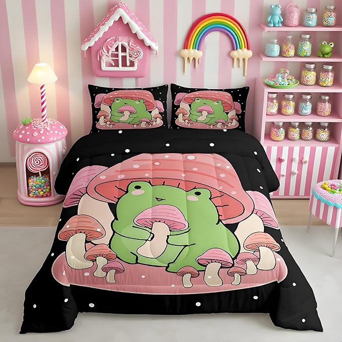 Feelyou Cartoon Mushroom Frog Bedding Set Cute Frog Comforter Set for Kids Boys Girls Natural Wild Fungus Comforter Pink Mushroom Duvet Set 1 Comforter Set with 2 Pillowcases King Size Boys