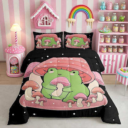 Feelyou Cartoon Mushroom Frog Bedding Set Cute Frog Comforter Set for Kids Boys Girls Natural Wild Fungus Comforter Pink Mushroom Inner Fill Duvet Set 1 Comforter Set with 2 Pillowcases Queen Size