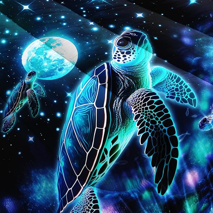 Sea Turtle Comforter Kids Bedding Set Twin Size,Glowing Waterweed Moon Flash Print Comforter Set for Kids Teens Boys Girls Room Decor,Nautical Reptile Animal Bedding Set with 2 Pillowcases.