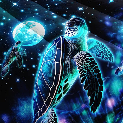 Sea Turtle Comforter Kids Bedding Set Queen Size,Glowing Waterweed Moon Flash Print Comforter Set for Kids Teens Boys Girls Room Decor,Nautical Reptile Animal Bedding Set with 2 Pillowcases.