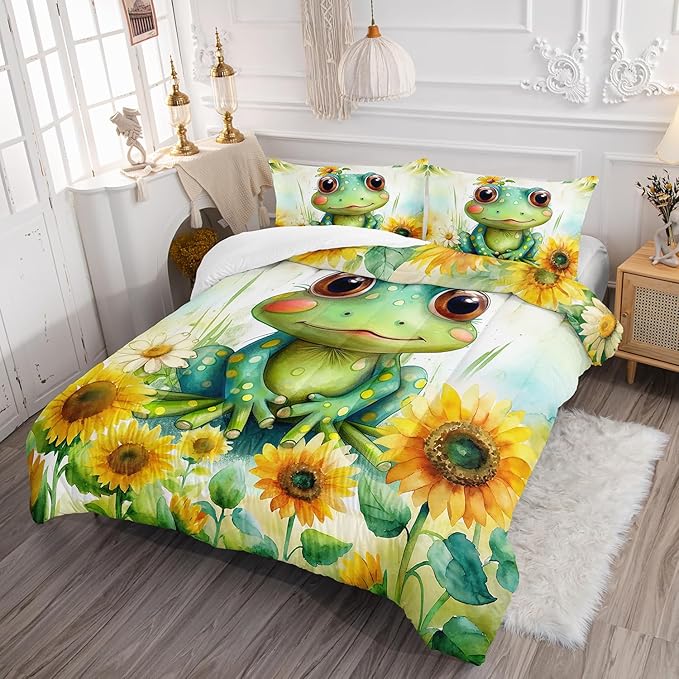 Cartoon Green Frog Bedding Set 3Pcs Yellow Sunflower Comforter Full Colorful Floral Botanical Pattern Quilt Set for Kids Teens Girls Boys Bed Decor Set with 1 Comforter and 2 Pillowcases