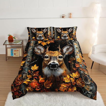 HOSIMA Deer Twin Comforter Set,Brown Deer in Forest Print Animal Bedding for Teens Boys Room Decor,Maple Leaves Pattern Hunting Themed Fluffy Wildlife Bedding Sets with 2 Pillowcases.