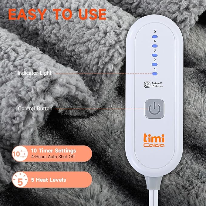 Heated Blanket Electric King- 100"x90" Soft Thick Faux Fur Electric Blanket for Sofa with 5 Heat Levels & 10 Hours Auto-Off Overheat Protection, Warm Cozy Gifts, Grey