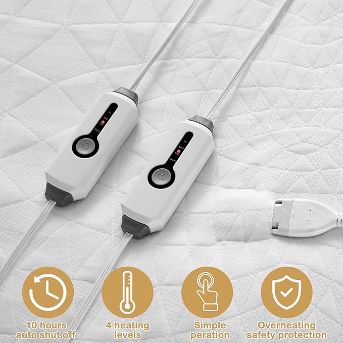 Electric Mattress Pad King Size 78"x80" with 10 Hours Auto Off 4 Heat Setting Dual Controller Fit Up to 15 Inch Deep Pocket, Machine Washable - White Diamond Printed Pattern