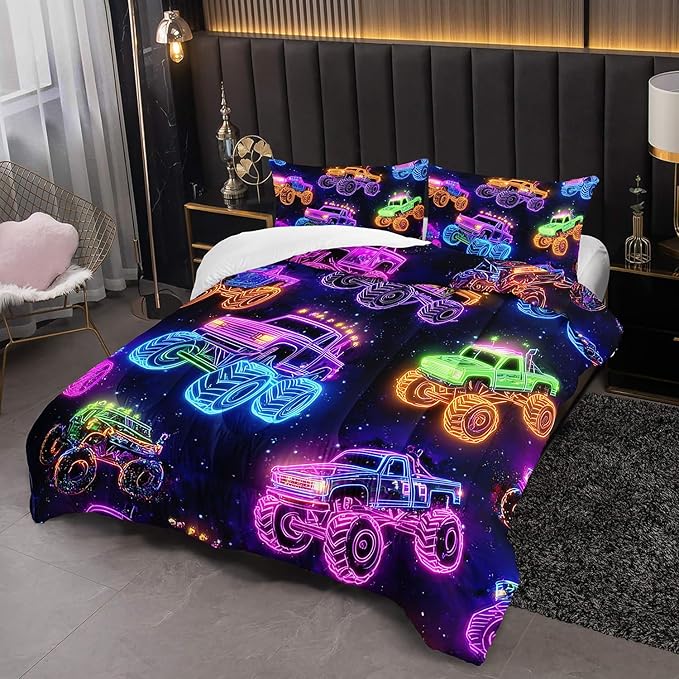 Colorful Neon Off-Road Racing Truck Comforter 3Pcs Queen Cool Speed Race Car Bedding Set for Kid Teen Girl Boy Adult Automobile Extreme Sport Game Quilt Bed Decor with 1 Comforter&2 Pillowcases