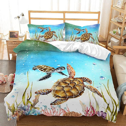 CVHOUSE Sea Turtle Bedding Twin 71'x87' Size,Ocean Sea Turtle Bedding Set for Kids Teens,Beach Tutle Comforter Cover Set Soft,1 Duvet Cover 2 Pillowcases 3 Piece,Ocean Decor