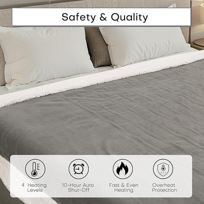 Electric Heated Blanket Twin Size 62"x84" - Dual-Sided with Microplush & Sherpa Fabric, 4 Heat Settings & 10 Hours Auto Off, Machine Washable - Light Gray