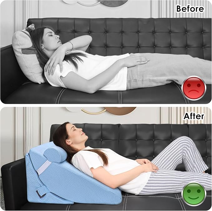 Bed Wedge Pillow for Sleeping, 3PCS Wedge Pillow Set for After Surgery, Adjustable 7 &12 inch Pillow Wedges for Acid Reflux Relief, Back Pain Relief, Sleep Apnea, Sitting Up, Headboard (Light Blue)
