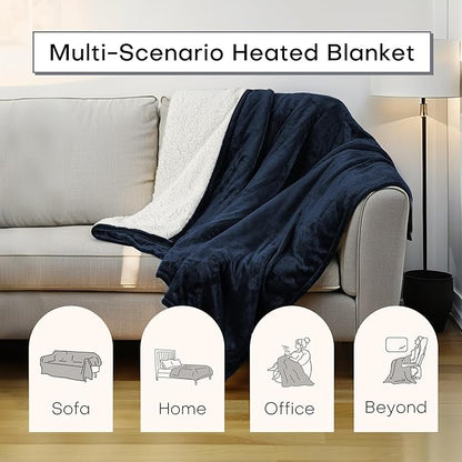 Electric Blanket Twin Size 62" x 84" Thickened Flannel and Sherpa Heated Blanket,10 Hours Timer Auto-Off,5 Heating Levels,for Bedroom Office Couch,Navy Blue