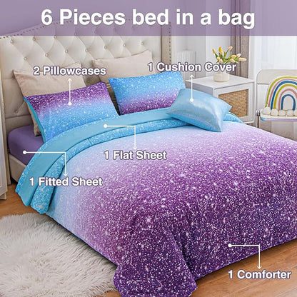 A Nice Night Girls Comforter Set Full Size 6 Piece Bed in A Bag 3D Colorful Sparkle Galaxy Rainbow Bedding Comforter Sheet Sets for Kids,BluePurple
