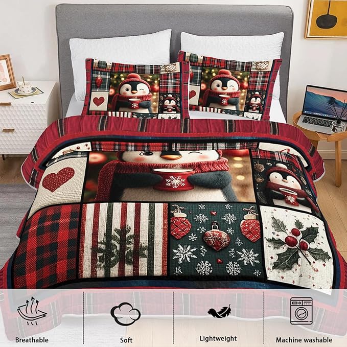 Cartoon Black White Penguin Quilts Bedding King 3Pcs Red Heart Snowflakes Bed Set Xmas Gift Patchwork Grid Pattern Bedspread Coverlet with 2 Pillowcases for Kid Boy Girl Teen Adult Room Decor