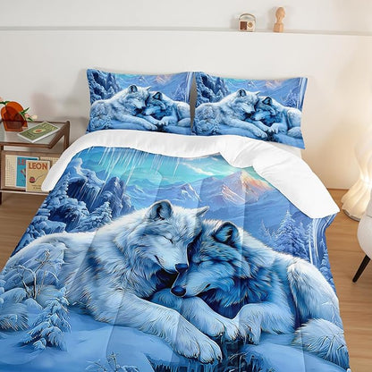 HOSIMA Full Comforter for Kids,Wolves Snuggling up Together in Cave,Snow Mountains Pattern Animal Bedding for Girls Boys Room Decor,Lightweight Fluffy Wolf Comforter with 2 Pillowcases.