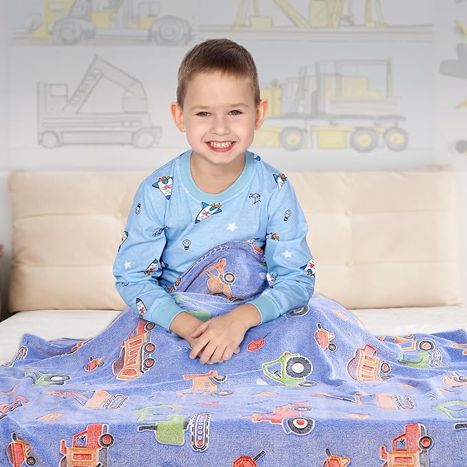 Glow in The Dark Blanket for Boys,Construction Truck Throw Blanket for Kids Truck Toys Gift for Boys Warm Kids Excavator Car Theme Decor Blanket for Couch Sofa Bedroom,50x60 Inches