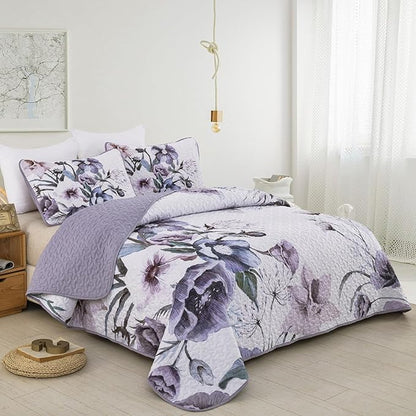 Floral Quilt Set Twin 2 Pieces Boho Purple Floral Quilt Coverlet Set Soft Microfiber Lightweight Purple Flower Quilted Bedspread for All Season 68"x 86"