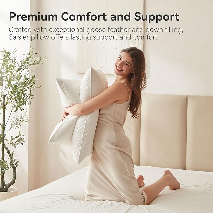 Goose Feather Down Pillows King Size Set of 1, Soft Pillows with 100% Organic Cotton Fabric, Luxury Hotel Quality Bed Pillow 1 Pack for Sleeping, Breathable & Fluffy (20" x 36")