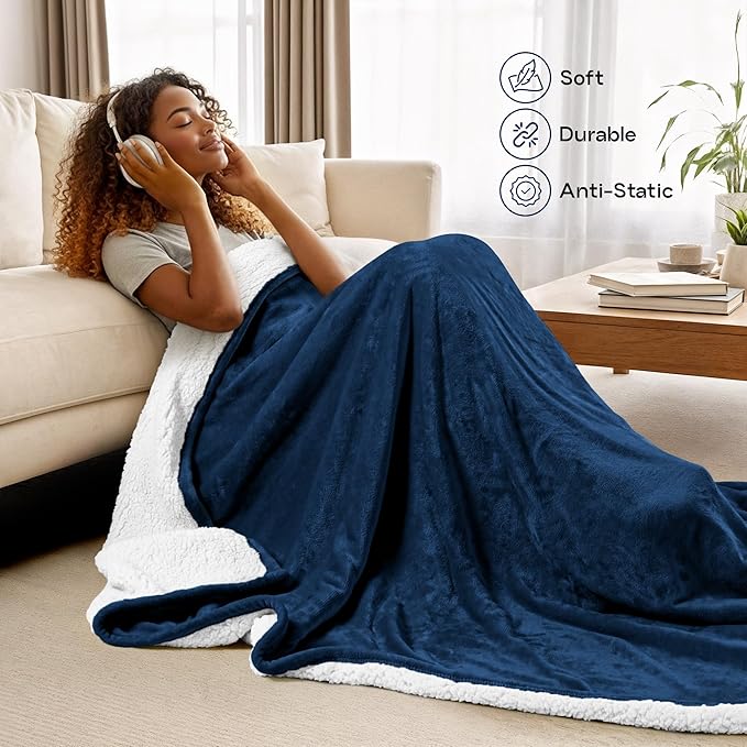 Utopia Bedding Sherpa Blanket California King Size (Navy, 102x96 Inches) - Soft Lightweight Plush Fleece Reversible Blanket for Bed, Sofa, Couch, Camping and Travel