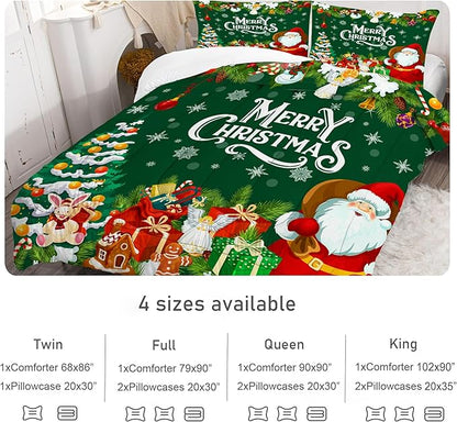 Green Christmas Comforter Set: Full Size Xmas Snowflakes Bedding Sets Cute Santa Claus Quilts Merry Christmas Tree 3 Piece Bed Set for Kids Teens Adults Bedroom Decor
