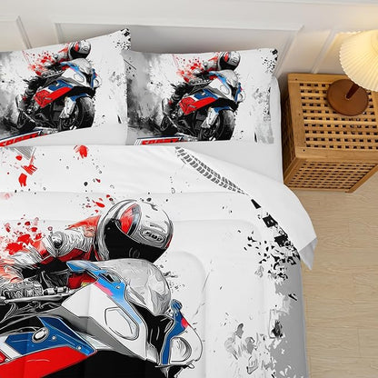 Motorcycle Race Comforter Set Queen Size for Boys，Kids Sports Themed Queen Size Bedding Set，Sport Quilt for Boys，with 1 Comforter with 2 Pillow Case