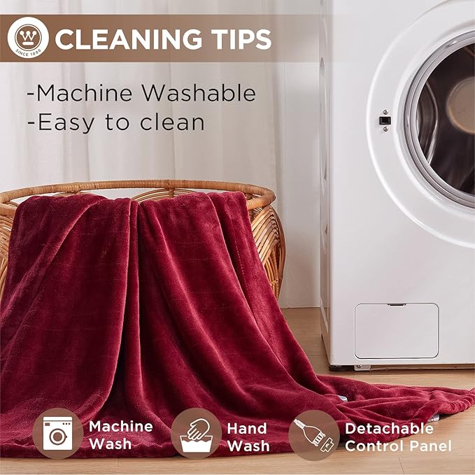 Westinghouse Heated Blanket Twin Size, Electric Heating Blanket with 10 Heating Levels, 1-12 Hours Auto Shut Off, Fast Heating Warming Blanket, Machine Washable (Twin, 62x84 Inches, Wine Red)