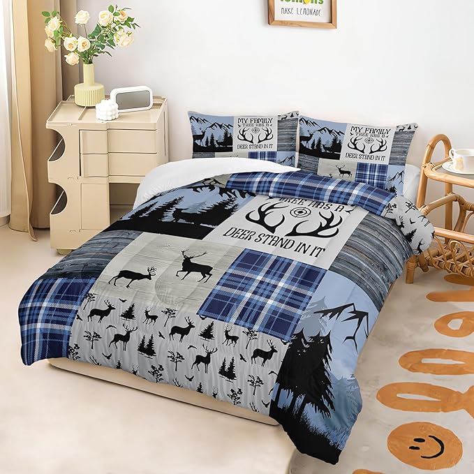 Snowy Forest Deer Comforter Set Queen Size, 3-Piece Blue Vintage Animal Plaid Bedding Set for Kids Adults Bedroom, Hunting Wildlife Deer Tree Bedding Set with 2 Pillowcases & 2 Shams