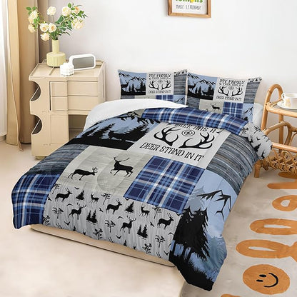 Snowy Forest Deer Comforter Set Queen Size, 3-Piece Blue Vintage Animal Plaid Bedding Set for Kids Adults Bedroom, Hunting Wildlife Deer Tree Bedding Set with 2 Pillowcases & 2 Shams