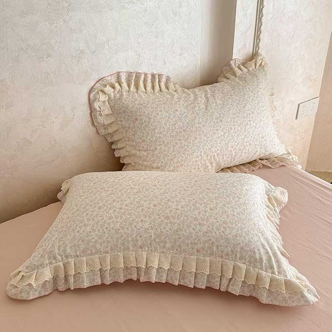 BuLuTu French Cottage Pink Floral Duvet Cover Queen, Lace Bedding Set for Teens Girls Ruffled Duvet Cover, Soft Breathable Muslin Cotton Comforter Cover with Zipper Closure, 4 Ties