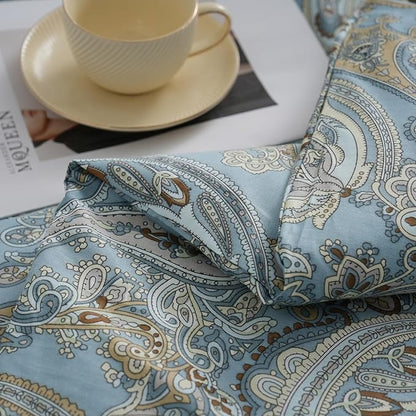 100% Cotton Duvet Cover Queen Size Blue Boho Paisley Pattern Duvet Cover Sets with Zipper Closure 3 Pcs Soft & Breathable Luxury Bedding Sets