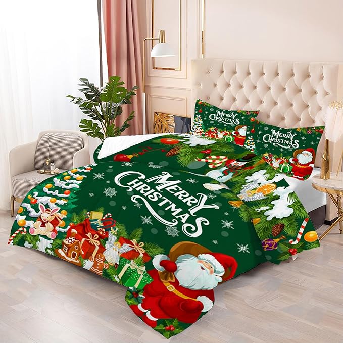 Green Christmas Comforter Set: Full Size Xmas Snowflakes Bedding Sets Cute Santa Claus Quilts Merry Christmas Tree 3 Piece Bed Set for Kids Teens Adults Bedroom Decor