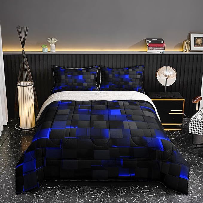 QOOMO 3D Abstract Geometric Sherpa Comforter Set, Blue Black Neon Light Honeycomb Full/Queen Size Bedding Set, Ultra Soft and Cozy Sherpa Fleece Comforter, 1 Comforter 2 Pillowcases All Season