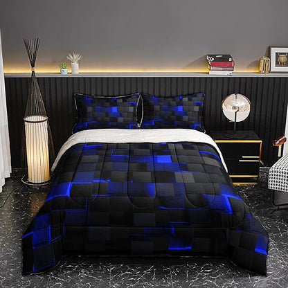 QOOMO 3D Abstract Geometric Sherpa Comforter Set, Blue Black Neon Light Honeycomb Full/Queen Size Bedding Set, Ultra Soft and Cozy Sherpa Fleece Comforter, 1 Comforter 2 Pillowcases All Season