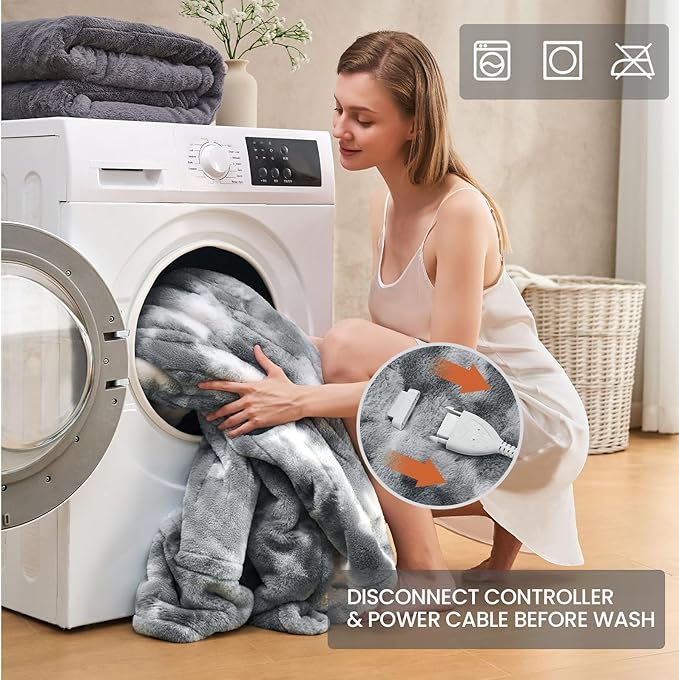 Electric Heated Blanket 50"x60",Luxury Grey Faux Rabbit Fur Electric Throw Blanket,Fast Heating Soft Fluffy Thick Electric Blanket with 6 Heating Levels & 12H Auto Off