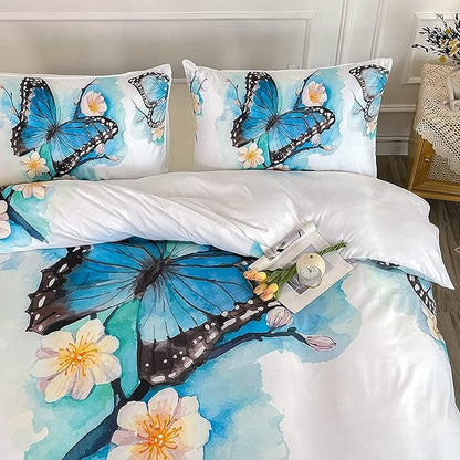 CVHOUSE Butterfly Duvet Cover Full Size,Blue Watercolor Bedding Set,Butterfly Comforter for Girls Kids Teens,1 2 Pillowcases 3 Piece Full 79'x89'