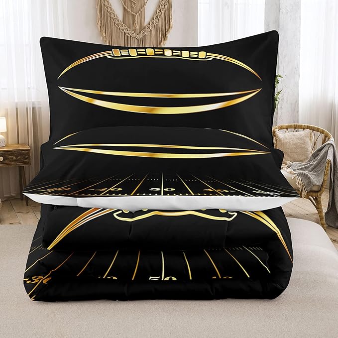 Bodhi Black and Gold Football Comforter Set Full for Boys Kids Sport Comforter Football Bedding Set American Football Comforter with Pillowcase,Soft Football Quilt,Full Size