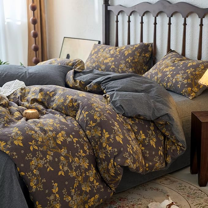 BuLuTu Jacquard Textured Muslin Duvet Cover Set Queen, Cottage Yellow Floral Comforter Cover, Ultra Soft Breathable Yarn-Dyed Cotton Quilt Cover with 2 Pillow Cases, 90"x90", All Seasons