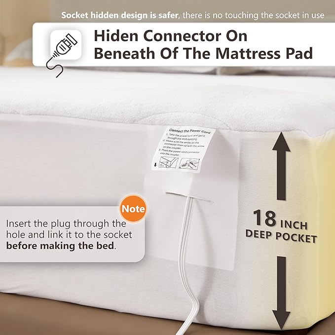 Wapaneus Quilted Wave Heated Mattress Pad Queen Size 10 Heat Settings & Dual Control with 1-12 Hours Auto Off,Deep Pocket Fits up to 18",Coral Fleece Bed Warmer,ETL Listed Machine Washable,60"x80"