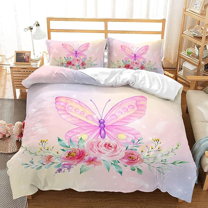 CVHOUSE Rainbow Butterfly Duvet Cover Queen Size,Rainbow Flower Bedding Set,Floral Comforter for Girls Kids Teens,1 2 Pillowcases 3 Piece Queen 89'x89'
